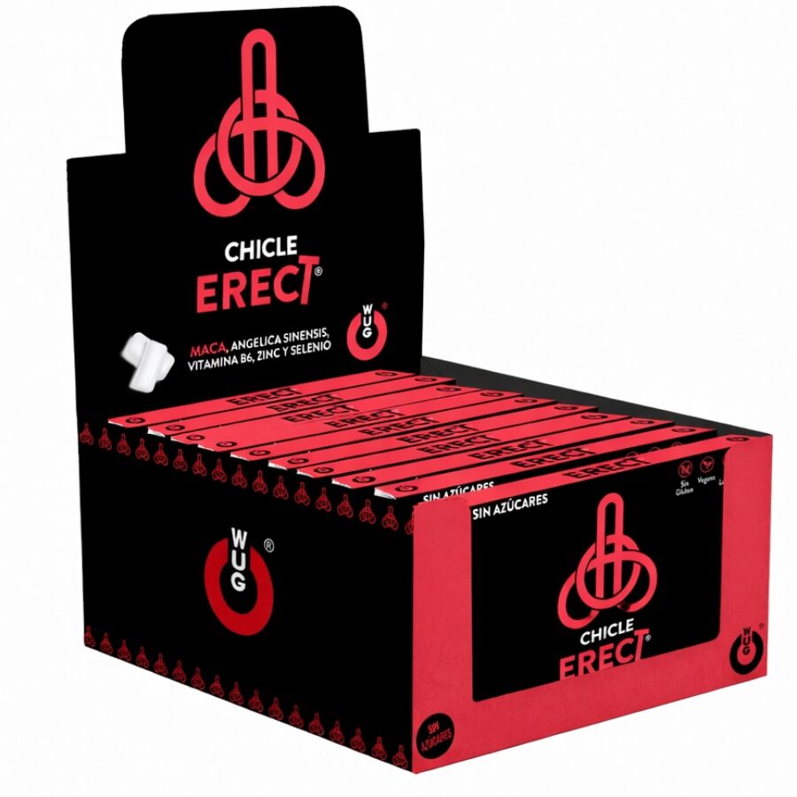 La marca WUG SEX SENSE nos facilita esta imagen de su producto WUG ERECT – DISPLAY 12 X 8 UDS | Chicle funcional con Maca