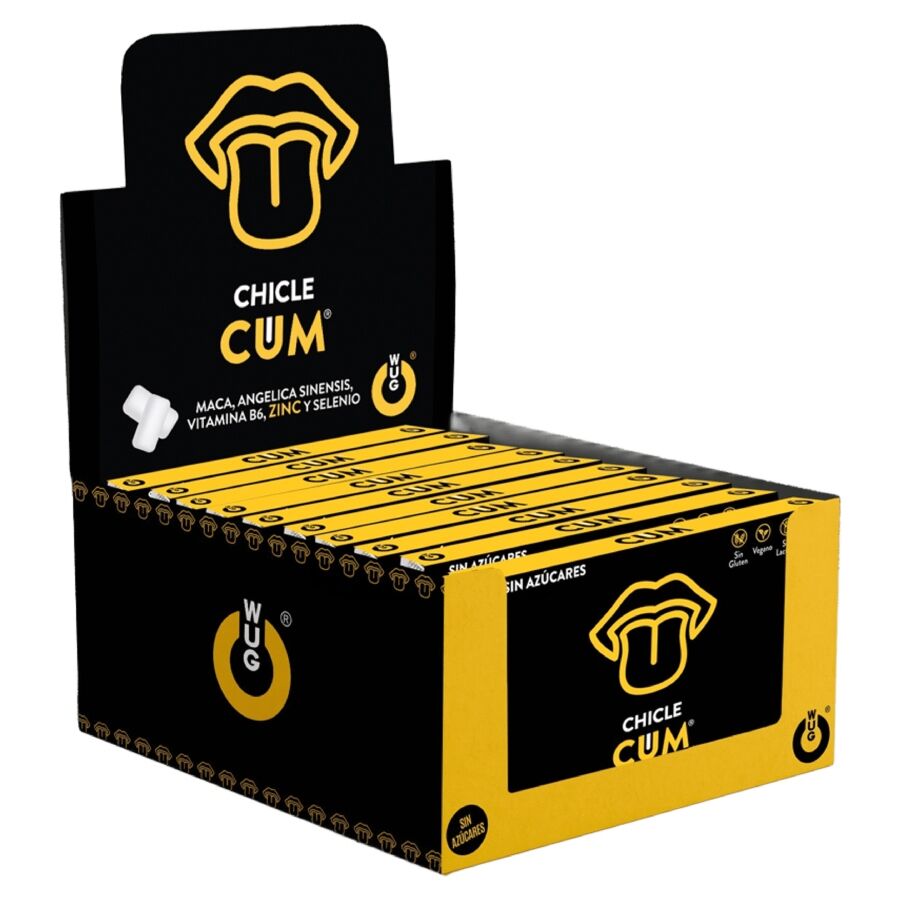 La marca WUG SEX SENSE nos facilita esta imagen de su producto WUG CUM – DISPLAY 12 X 8 UDS | Chicle funcional con sabor a plátano para potenciar la fertilidad