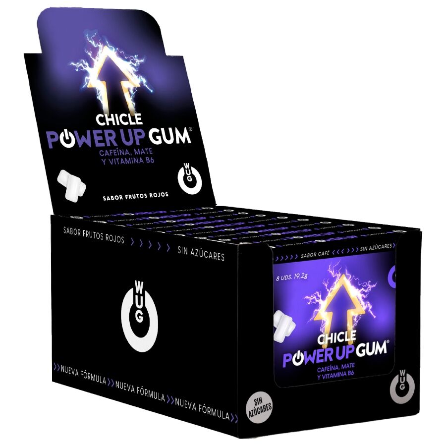 La marca WUG GUM nos facilita esta imagen de su producto WUG POWER UP – DISPLAY 12 X 8 UDS | Chicle energético para concentración y resistencia para nuestro catálogo.