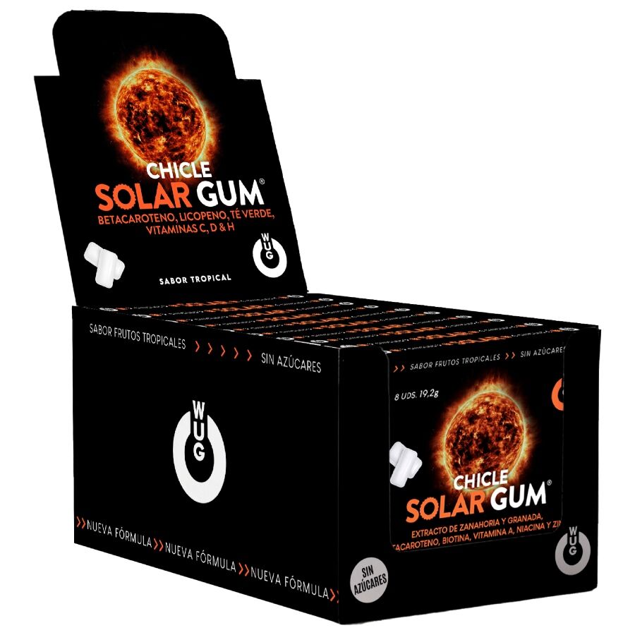 La marca WUG GUM nos facilita esta imagen de su producto WUG Solar Gum – DISPLAY 12 X 8 UDS | El chicle que prepara tu piel para el sol para nuestro catálogo.