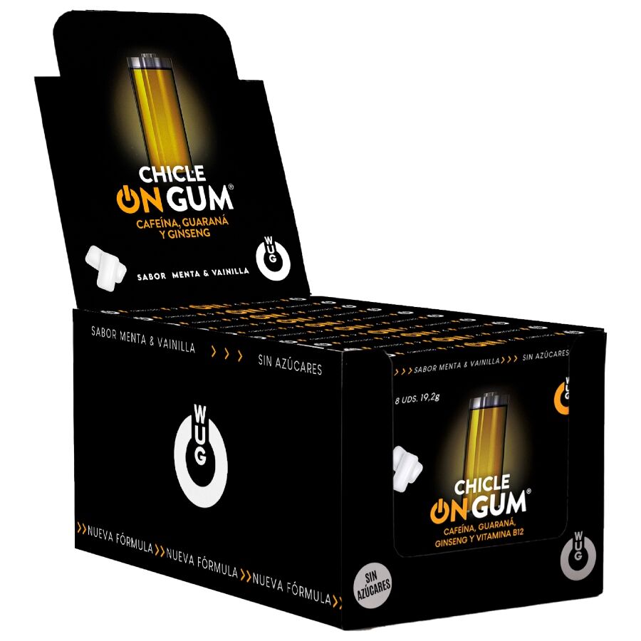 La marca WUG GUM nos facilita esta imagen de su producto WUG On Gum – DISPLAY 12 X 8 UDS | Energía inmediata en formato chicle para nuestro catálogo.