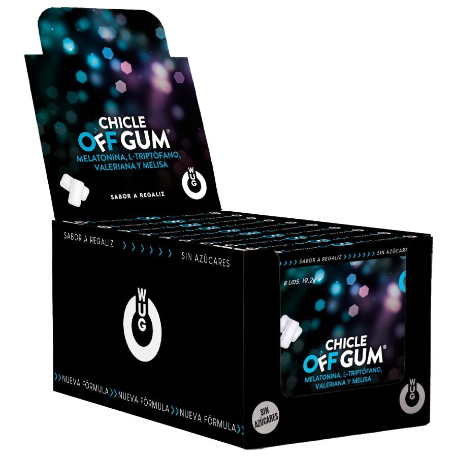 La marca WUG GUM nos facilita esta imagen de su producto WUG Off Gum – DISPLAY 12 X 8 UDS | El chicle funcional que te ayuda a relajarte y dormir mejor para nuestro catálogo.