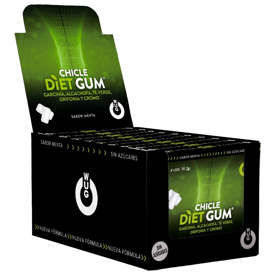 La marca WUG GUM nos facilita esta imagen de su producto WUG DIET – DISPLAY 12 X 8 UDS | Control del apetito y reducción del picoteo para nuestro catálogo.