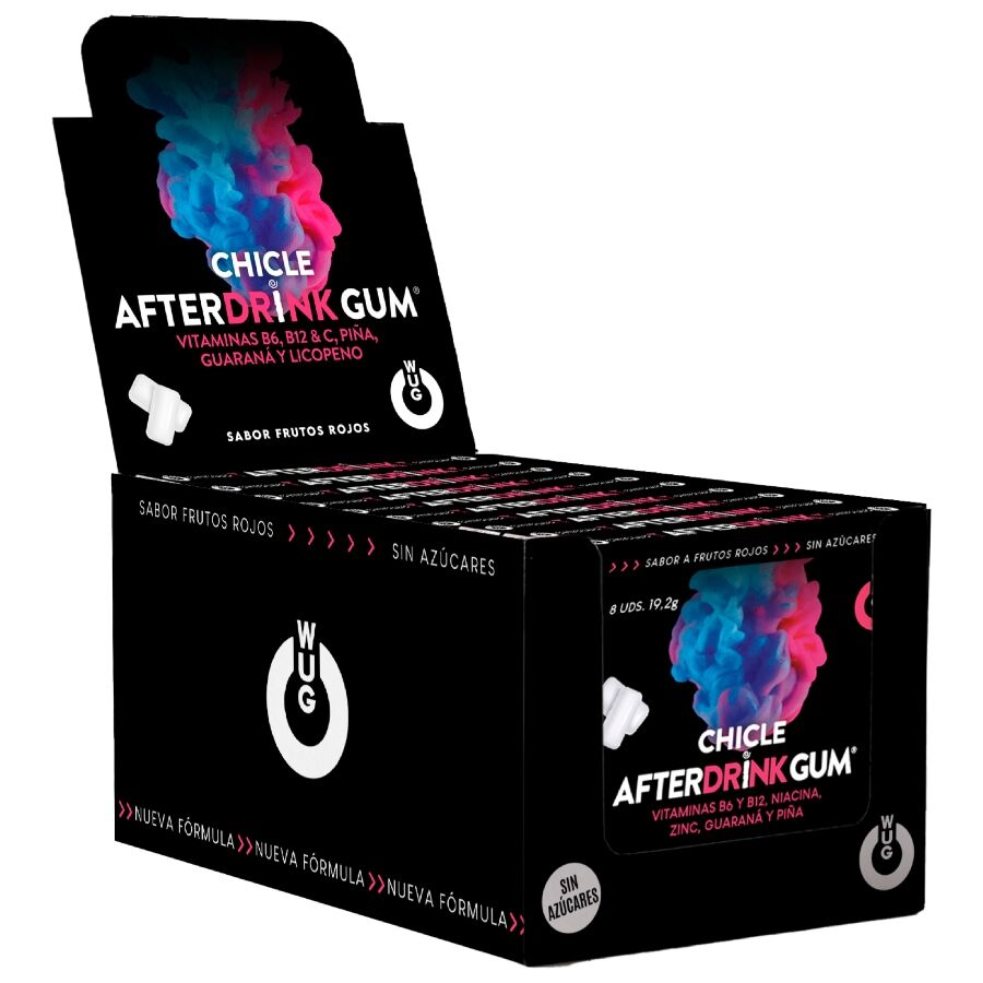 La marca WUG GUM nos facilita esta imagen de su producto WUG After Drink – DISPLAY 12 X 8 UDS | El chicle funcional que te ayuda a recuperar energía tras la noche para nuestro catálogo.