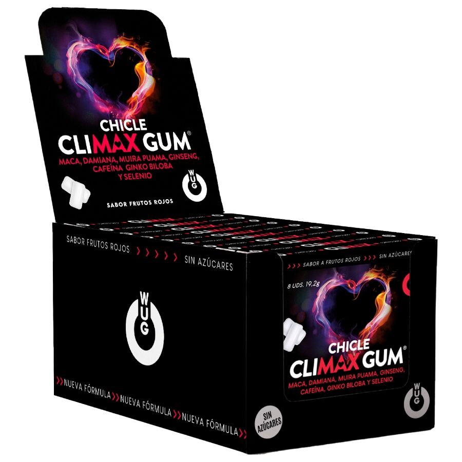 La marca WUG SEX SENSE nos facilita esta imagen de su producto WUG Climax – DISPLAY 12 X 8 UDS | Chicle funcional con Maca