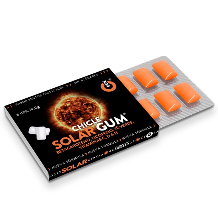 La marca WUG GUM nos facilita esta imagen de su producto WUG Solar Gum – 1 X 8 UDS | El chicle que prepara tu piel para el sol para nuestro catálogo.